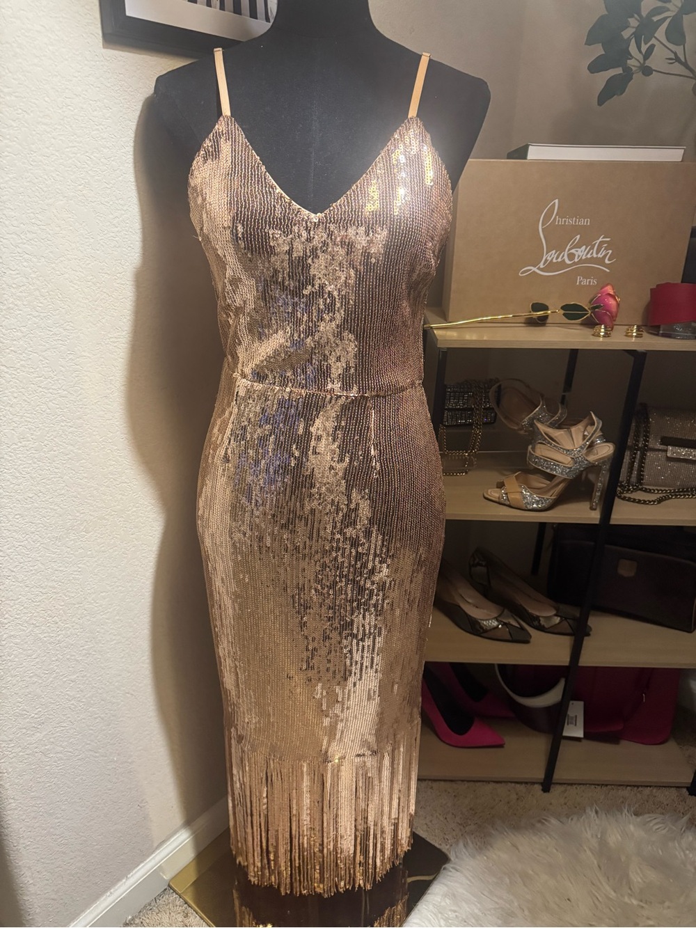 Lulus Rose Gold Sequin Fringe Midi Cocktail Dress
